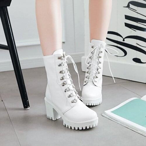 Women Boots Round Toe Lace Up Autumn Winter Boots Vintage High Heels Ladies Office Shoes Motorcycle Boots Ankle Boots MAZIAO