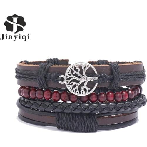 4pcs/set Mutilayer Bracelet for Men Braided Wrap Leather Bracelets Vintage Life Tree Bangle Wristband Vintage Punk Male Jewelry