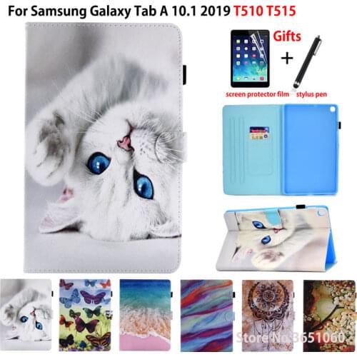 SM-T510 Case For Samsung Galaxy Tab A 10.1 2019 T510 T515 SM-T515 Cover Funda Cartoon Cat PU Leather Stand Shell Coque +Film+Pen