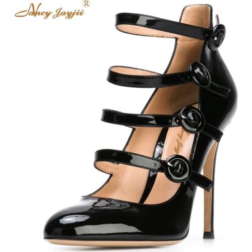 Black Patent Leather Triple Buckle Point Toe Pumps High Heels Shoes Woman Plus size 5-14 zapatos mujer tacon sapato Nancyjayjii