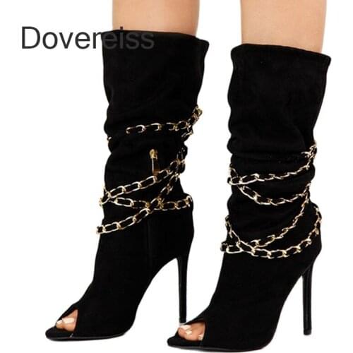 Dovereiss Fashion Womens Shoes Summer Sexy Clear Heels Boots Peep Toe Cool Boots Metal Chain Zipper Mature Ankle Boots 46 47