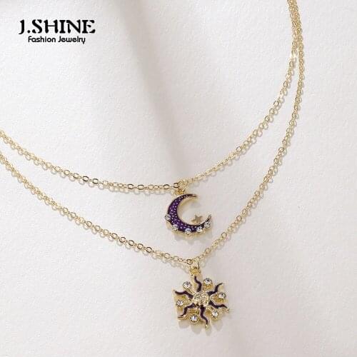 JShine 2Pcs/Set Double Layered Pendant Necklace Purple Enamel Sun and Moon Pendants Stackable Clavicle Chain Women Jewelry