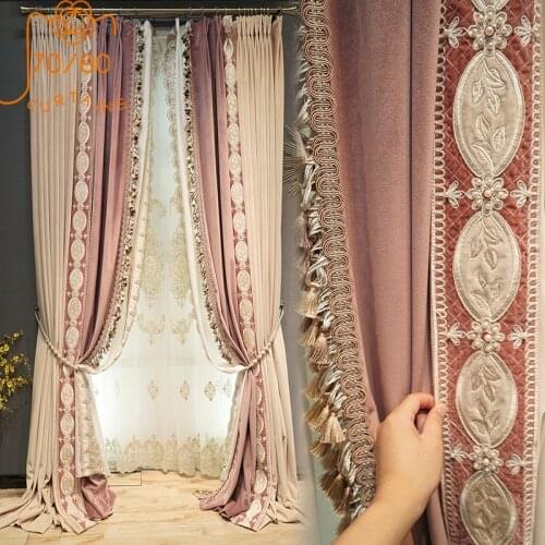 French High-grade Lace Stitching Flannel Curtains Embroidered Blackout Curtains for Living Room and Bedroom Finished Products
