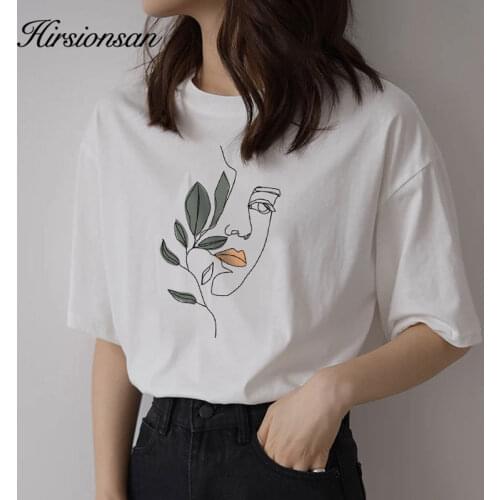 Hirsionsan Abstract Print T Shirt Women Summer New Oversized 100% Cotton Tees Casual Loose Aesthetic Tshirt O Neck Khaki Tops