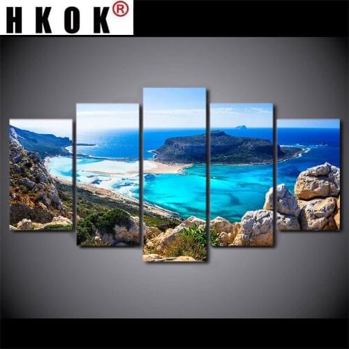 HKOK Abstract Canvas Paintings Posters Prints 5 Pieces Blue Sea Beach Island Seascape Sofa Wall Art Pictures Home Decor Unframed