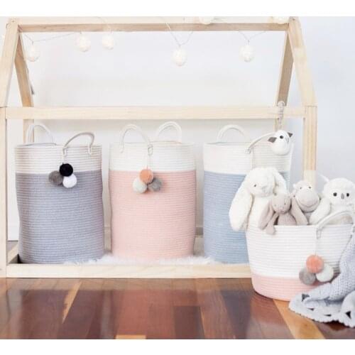 Cotton Braided Shou Na Tong Fuzzy Ball Hanging Drop Laundry Storage Basket Laundry Basket