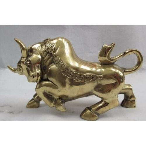 Chinese Folk Copper Bronze Fengshui Lucky Wealth Coin Cattle bull Wild ox Statue