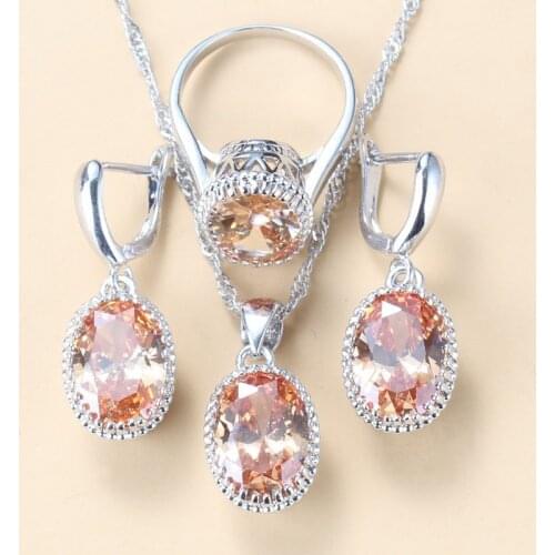 925 Silver Trendy Jewelry Sets Oval Champagne Cubic Zirconia Wedding Accessories For Women 3 Piece Set 8-Colors Jewelry