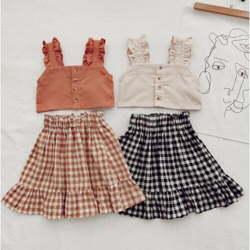 Girls Front Button Cami + Skirt Clothing Sets Summer Child Kids Casual Solid Sleeveless Short Tops + Plaid Skirt Girls Outfits