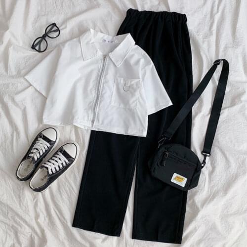 Suit women all-match fashion student loose summer short shirt top wide leg pants two-piece suit jogger dropshipping punk y2k top