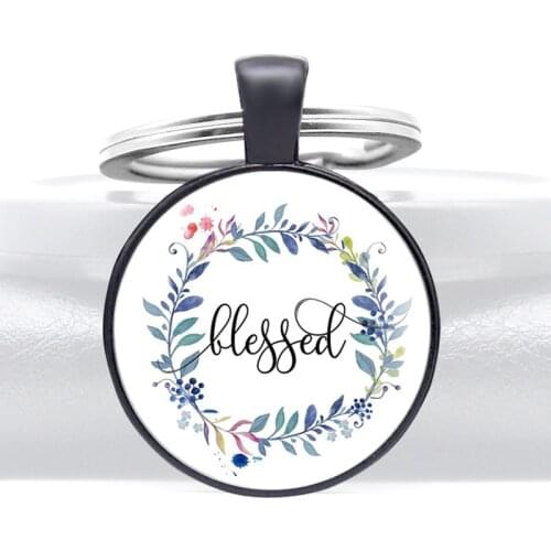 Christian Bible Verse Bleffed Design Glass Cabochon Metal Key Chain Charm Men Women Key Ring Unique Jewelry Gifts Keychains