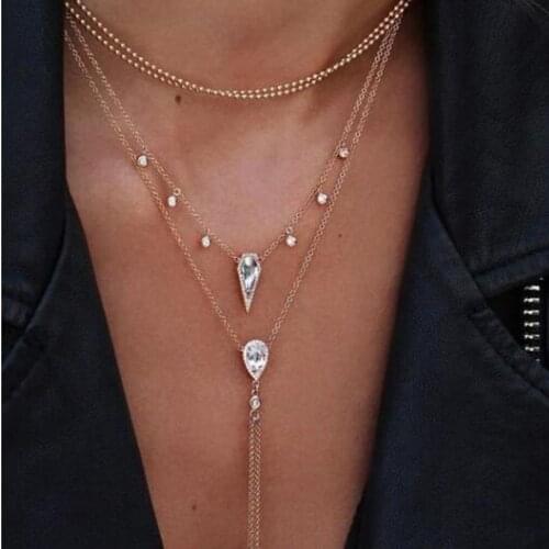 RscvonM European Style Fashion Collocation Of Shiny String Water Drop Necklace High-grade Crystal Long Tassels Women Necklace