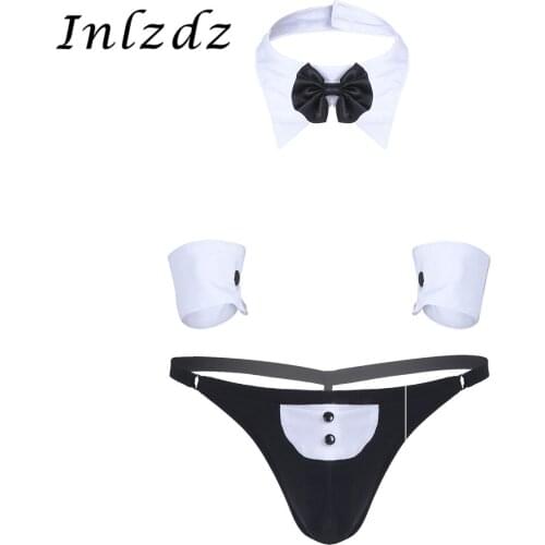 3Pcs Mens Waiter Erotic Lingerie Sex Cosplay Suit Open Back Tuxedo G-string Thong Underwear with Bow Tie Collar and Bracelets