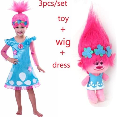 New Christmas Carnival Costume Trolls Wig toy For Kids Poppy Lace Dress Baby Girls Moana clothes Children Vaiana Party Vestido