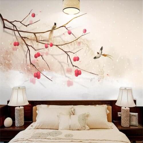 Custom wallpaper new Chinese landscape trees flowers and birds background wall decoration - high-grade waterproof material