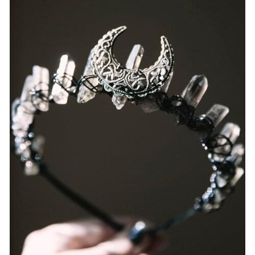 Womens Ethnic Jewelry Crown Headband Faux Raw Crystal Alloy Moon Hair Hoop Tiara Hair Accessories