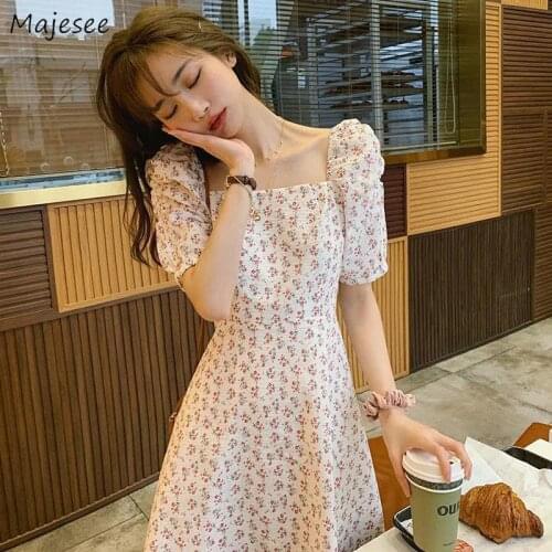 Dresses Women Puff Sleeve Sweet Korean Style Square Collar High Waist A-line Fresh Knee-length Chic Lady Elegant Tender Summer