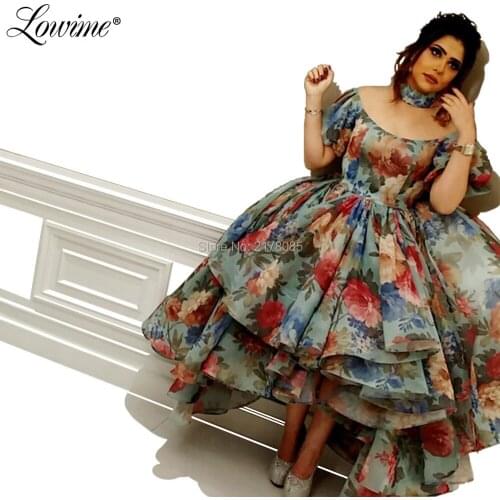 Puffy Prom Dresses Ball Gown Arabic Muslim Party Dress 2019 Floral Print High Low Evening Gowns Robe De Soiree