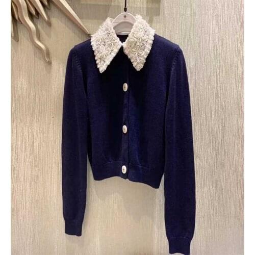 2021 Autumn Winter Wool Cardigan Turn-down Embroidery Collar With Pearl Short Top Jacket Vintage Warm Sweater
