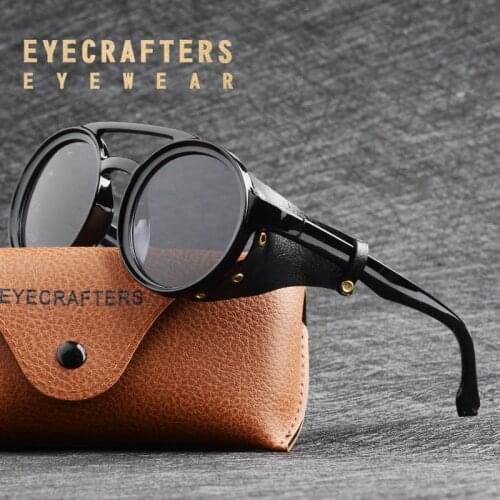 2020 NEW Men Steampunk Gothic Goggles Sunglasses Women Retro Fashion Leather With Side Shades Round Sun glasses