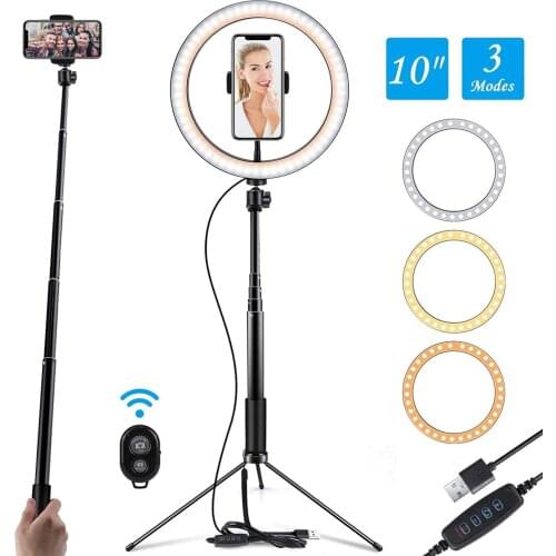 10'' LED Photography Ring Light Flash Lamp With 2 in 1 Tripod Selfie Video Light For Makeup Youtube VK Video Dimmable Lighting
