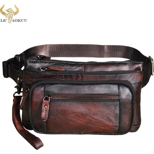 New Genuine Leather men Casual Retro Wine Travel Fanny Waist Belt Bag Chest Pack Sling Bag Design 8" Tablet Phone Case Male 9801