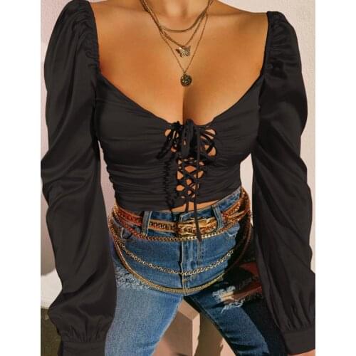 2020 Autumn Solid Color Vintage New Women Shirts Puff Sleeve Sexy Square Neck Slim Front Bandage Blouse Satin Crop Top Clubwear