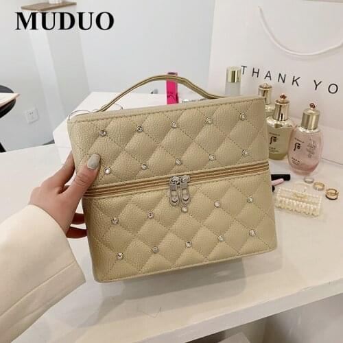 Women Portable Leather Cosmetic Bag Wash Cube Case Diamond Rivets Vanity Case Female Travel Wash Makeup Beauty Box Cosmetic Case