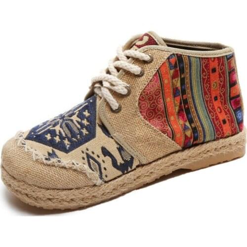 Vintage Embroidered Womens Shoes Boho Cotton Linen Canvas Single Knit Round Toe Lace-up Cloth Shoes Womens Flats N3-74