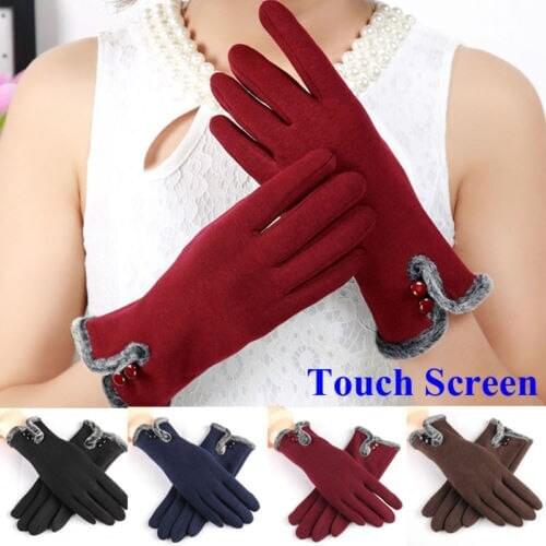 2019 New Autumn Winter Female Lace Warm Cashmere Button Type Mittens Double thick Plush Wrist Women Touch Screen Driving Gloves