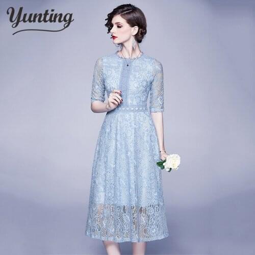 2020 Summer Dresses Hollow Out Women Half Sleeve Floral Crochet Casual Blue Lace Dress Femininas Vestidos