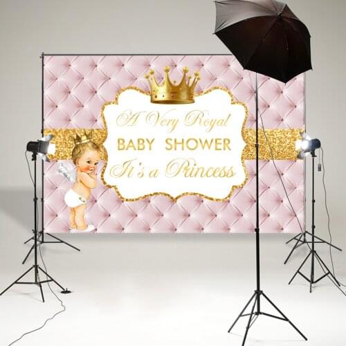 Royal princess girl baby shower backdrop birthday party decor background photo photography vinyl pink leather gold crown B-862