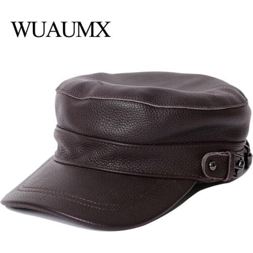 Wuaumx Brand Genuine Leather Military Hats For Men Women Flat Top Newsboy Cowskin Hat Winter Mens Cow Leather Baseball Caps