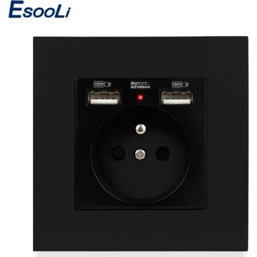 Esooli Black Plastic Panel French Standard Electrical Wall Socket with 2 USB Outlet Wall Charger Adapter 86*86mm