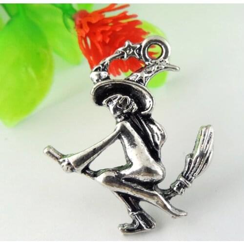 GraceAngie Fantasy Vintage Silver Color Humanoid Wizard Magic Model Tone Zinc Alloy Witch on Broom Pendant Charms Findings