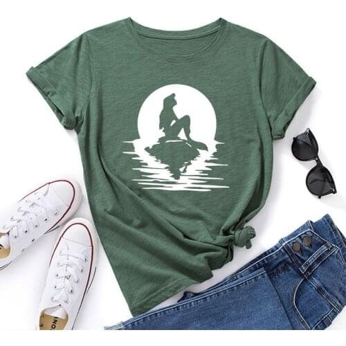 Women T Shirt Cotton Summer Regular Short Sleeves Plus Size Mermaid Under The Moon Print Casual T-shirts Ladies Graphic Tee Tops