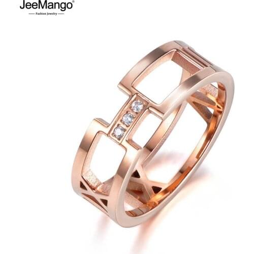 JeeMango Classic Titanium Steel Rhinestone Fine Brand Jewelry Roman Alphabet Bridal Wedding Engagement Rings For Women JR18003
