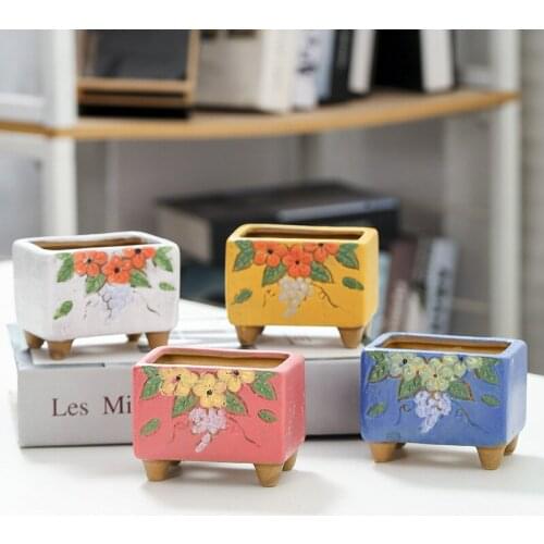 Korean Ins Hand Painted Floret Ceramic Mini Thumb Basin Creative Square Succulent Flowerpot With Feet Home Creative Gardening
