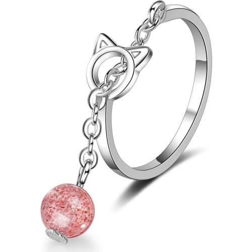 Korean Cute Cat Design White Pink Crystal Adjustable Rings for Women Girls Pendant Finger Ring Band Jewelry Anillos Mujer