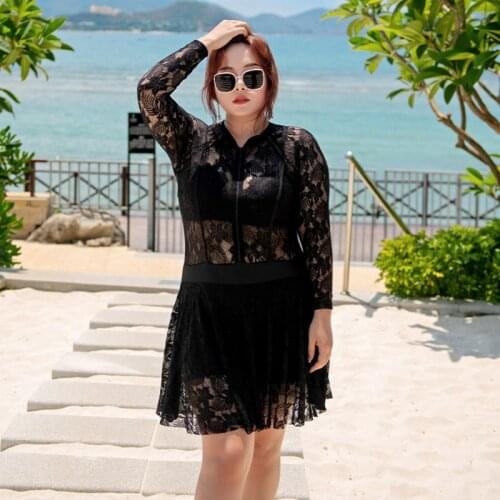 Plus Size Swimwear One Piece Sexy Hollow Out Lace Long Sleeve Swimsuit Ladies Female Swimdress Beach Skirt Bathing Suits 2021