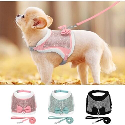 Cute Bowtie Dog Harness and Leash Set Bling Rhinestone Puppy Cat Vest Harness Warm Fur Padded Vests With Pet Walking Leash Rope