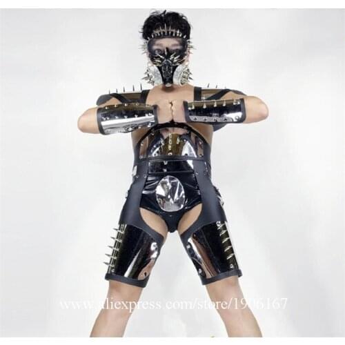 Nightclub Men DS Rivet Mirror Armor Costume Dance Team Party Show Gothic Wild Male Performance Stage Clothes With Headwear
