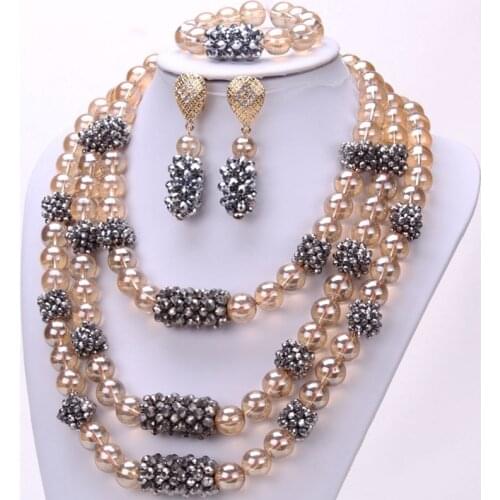 Newest Champagne and Silver African Beads Jewelry Set For Women Necklace Crystal Beaded Nigerian bridal Jewelry Sets