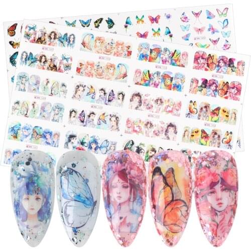 New Manicure Watermark Sticker Large Colorized Butterfly Girl Portrait Constellation Love Ins Nail