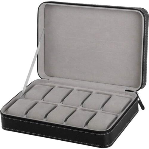 Portable Watch Box Organizer PU Leather Casket with Zipper Classic Style 10 Grids Multi-Functional Bracelet Display Case