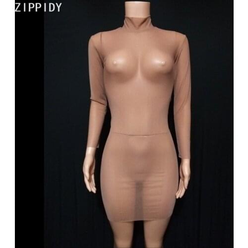 Transparent Nude Sexy Mesh Dress Women Singer Bar Dance Long Sleeve Outfit Prom Party Show Cosplay Short Dress
