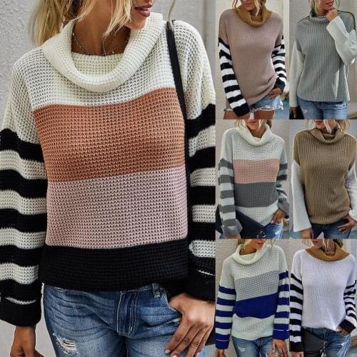 Plus Size Loose Knitted Sweater Women Autumn Winter Cowl Neck Sweater Long Sleeve Color Block Pullover Jumpers High Quality