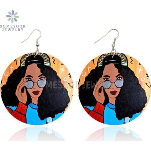 SOMESOOR Black Girl Curls Fashion Wooden Drop Earrings Afro Natural Hair Melanin Hiphop Design Both Sides Printed For Women Gift