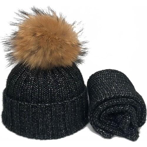 Kids Winter Hat Children Real Fur Pompom Knitted Beanie Hat Scarf 2 Pieces cotton skullies Boys GIrls Pompon Cap