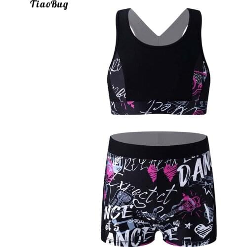 TiaoBug 2Pcs Kids Girls Sport Suit Round Neck Sleeveless Stretchy Patchwork Sport Vest Tops And Shorts Set For Running Gym Dance